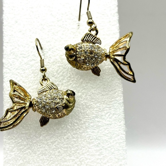 Gold Tone Crystal Fish Earrings with Whimsical Design 3 D Hook Earrings - Picture 2 of 10